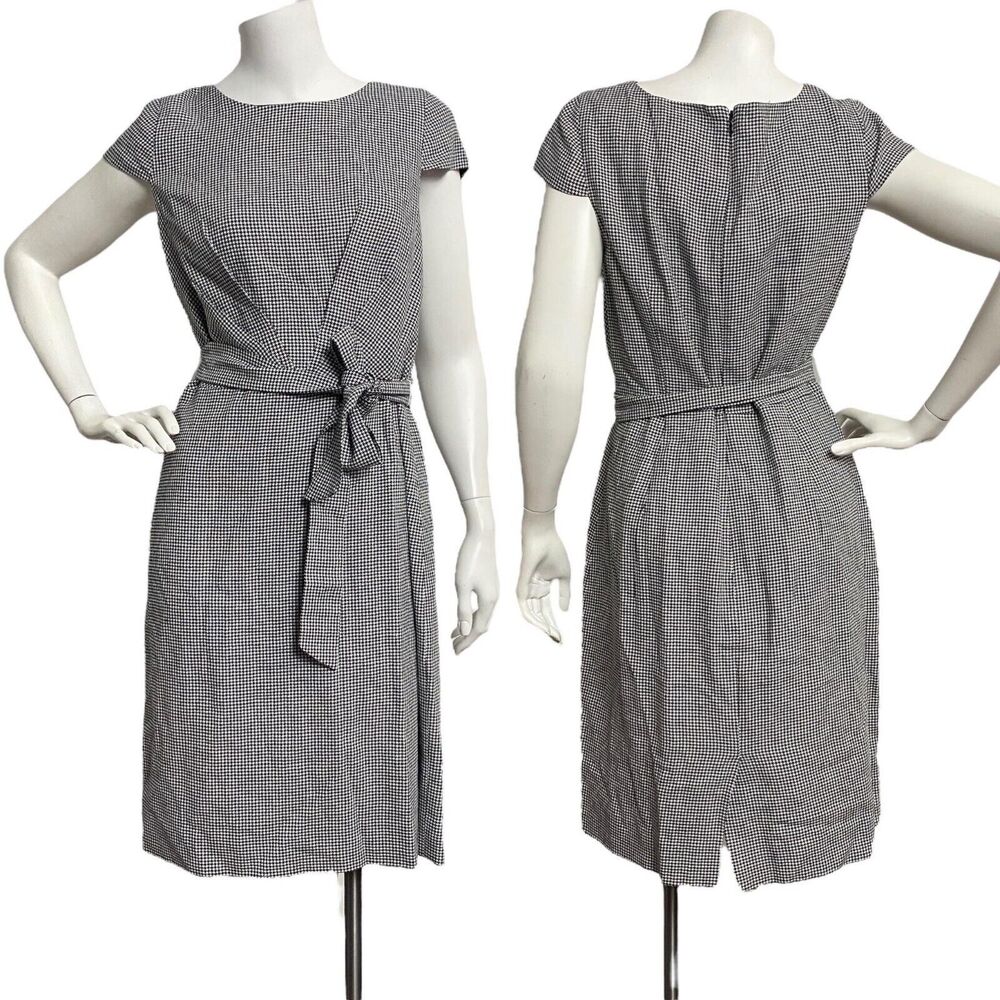 J. Crew 365 Dress 6 Black White Short Cap Sleeve Belt Sheath Stretch Houndstooth